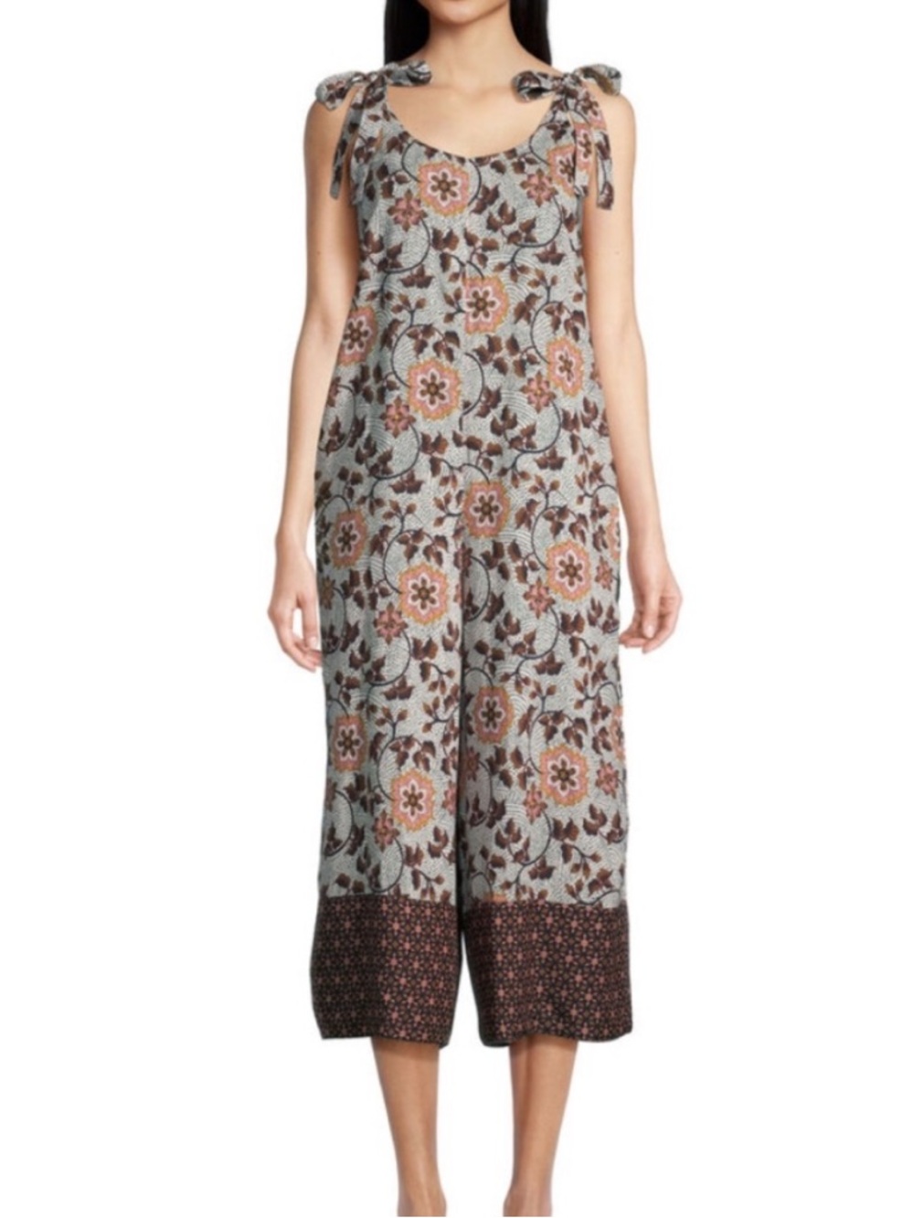 Cost Plus World Market Floral Tie-Shoulder Jumpsuit in light blue, brown, pink